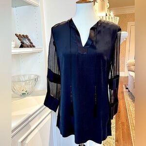 ANNE KLEIN Vintage black silk V-neck beaded tassel & sheer sleeve dressy tunic S